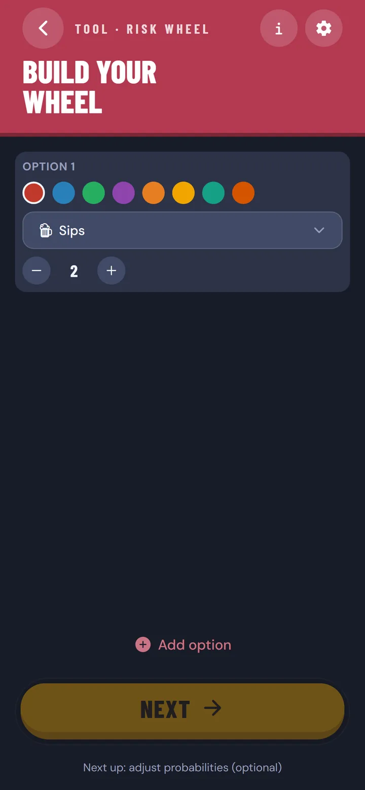 Risk Wheel: app screen